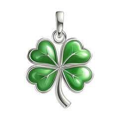 Elegant four-leaf clover pendant in silver and green, symbolizing luck and prosperity, perfect for gifts and personal adornment.,trasparent background