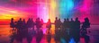 © Waraporn - Silhouettes of a group of people gathered together in a vibrant neon lit digital landscape creating an abstract futuristic atmosphere  The image evokes a sense of technology innovation