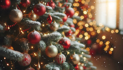 Wall Mural - A decorated Christmas tree in a snowy setting featuring red and gold ornaments hanging from its branches in a soft blurred lights in the background