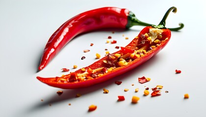 Deliciously vibrant red chili peppers cut out and isolated on a clean white background, showcasing their fresh appeal.