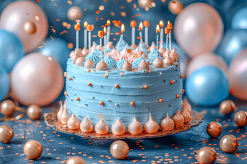 delicious blue birthday cake decorated with lit candles and falling confetti