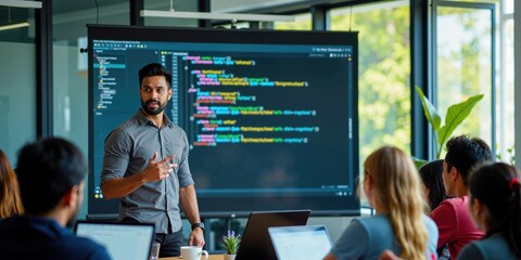 Wall Mural - indian male programming teacher explains coding to engaged students in tech classroom