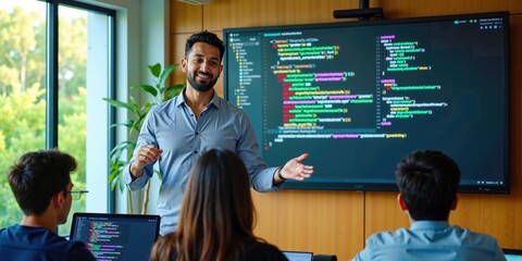 Wall Mural - indian male programming teacher explains coding to engaged students in tech classroom