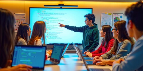Wall Mural - indian student presenting programming code to peers in interactive classroom setting