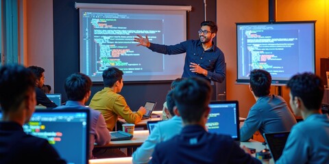 Wall Mural - indian male programming teacher explains coding to engaged students in tech classroom
