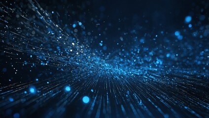Wall Mural - Abstract dark blue digital background with sparkling blue light particles and areas with deep depths Particles form into lines, surfaces and grids