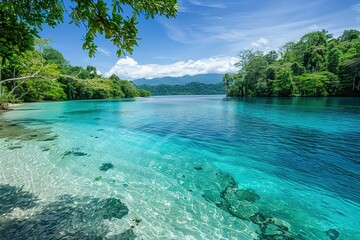 Wall Mural - tropical beach landscape with crystal waters and green forest