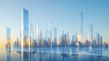 Modern City Skyline with Reflection in Water at Sunset.