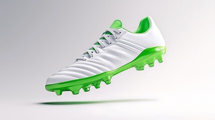 White soccer cleats with green soles float in mid-air, defying gravity and full of energy.