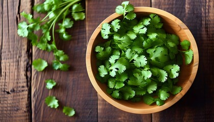 Cilantro Elegance: A Top-Down Perspective of Fresh Greens in a Rustic Wooden Bowl