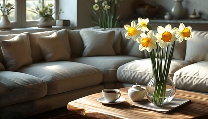 Wall Mural - Inviting lounge atmosphere with a cozy sofa, stylish coffee table, and elegant vase of narcissus flowers