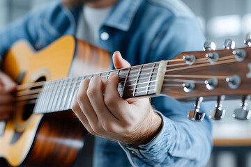 An individual playing musical instrument, showcasing skill and passion while strumming guitar. warm tones of wood and focused expression create an engaging atmosphere