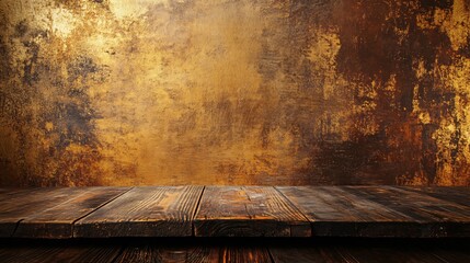 Rustic wooden tabletop on golden textured background.