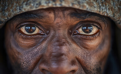 A close-up of a homeless black person’s face, weathered and tired, but with eyes full of resilience, detailed focus 