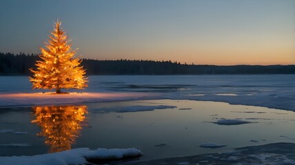 An isolated Christmas tree by a frozen lake, engulfed in flames that light up the frozen water with intense reflections of orange and yellow --ar 3:2 --v 4