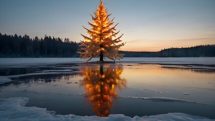 An isolated Christmas tree by a frozen lake, engulfed in flames that light up the frozen water with intense reflections of orange and yellow --ar 3:2 --v 4