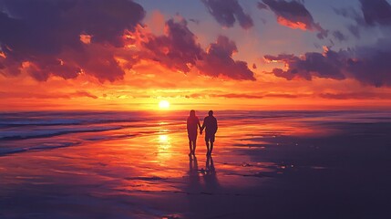 Wall Mural - Silhouettes of a couple walking hand-in-hand on a beach during a vibrant sunset.