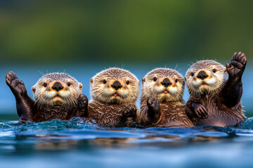 four baby otters are swimming in the water and waving at the camera. the scene is playful and joyful