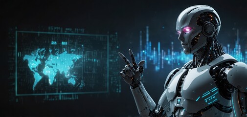 Cyber digital world android robot pointing finger computer coding AI chatbot background futuristic future digital technology artificial intelligence automated. Computer programming knowledge concept