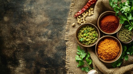 Wall Mural - Spices and herbs in bowls on burlap and rustic background.