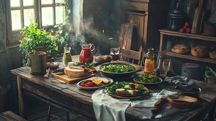 A rustic dining table beautifully set with fresh salads, drinks, and ingredients, evoking a warm and inviting culinary atmosphere.