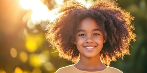 a young girl with natural hair, confident smile and bright background, emphasizing the importance of positive representation