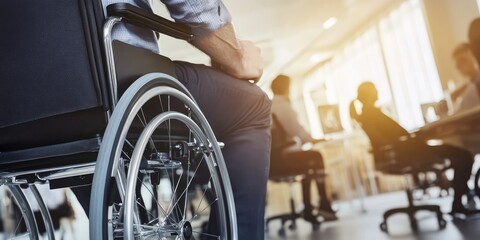 Wall Mural - Person with visible disability in a professional setting, close-up on focus and determination, soft light highlights the importance of representation