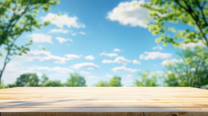 Aufkleber - Empty wooden tabletop with blurred trees and blue sky background