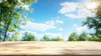 Canvas Print - Empty wooden tabletop with lush green park on a sunny day