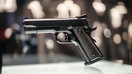 A close-up view of a sleek black handgun displayed against a blurred backdrop, highlighting its design and craftsmanship.