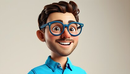 Wall Mural - Cheerful 3D Cartoon Character in Blue Shirt and Large Glasses, Exuding Happiness and Joy in a Bright, Light-Filled Setting