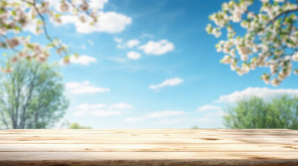 Canvas Print - Empty wooden table top displaying springtime blossoms and blue sky background