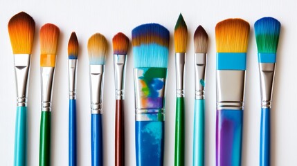 A vibrant collection of various paint brushes arranged neatly, showcasing colorful bristles and artistic potential.