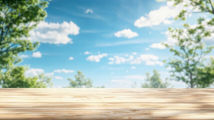 Aufkleber - Empty wooden table top blurred green trees and blue sky background
