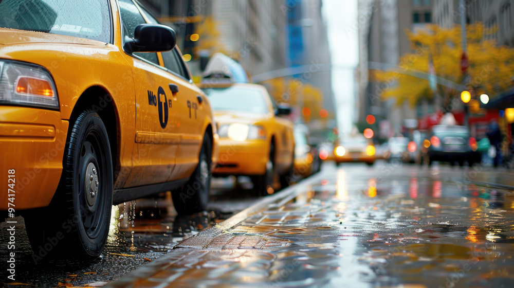 Yellow taxis lined up on a wet street in New York City on a rainy day ...