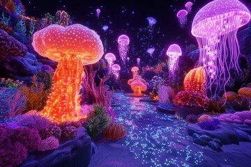 Wall Mural - Fantastical glowing mushroom forest with luminous jellyfish in surreal underwater landscape