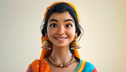 Wall Mural - Cheerful Young Indian Woman Cartoon in Modern Attire, 3D Style Portrait Highlighting Human Emotions and Friendly Expressions on a Light Background