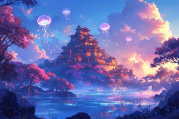 Wall Mural - Fantastical landscape with glowing jellyfish, vibrant sunset clouds, and a towering whimsical castle overlooking a serene lake