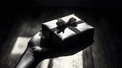 Artistic Hand with Gift Box in Monochrome: A stylized, monochrome image of a hand holding a gift box, with strong contrast and shadows.
