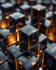 Fototapete - A series of black and gold geometric cubes stacked and interwoven in a surreal, abstract pattern,