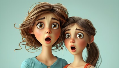 Wall Mural - Astonished Tree Cartoon Character and Young Girl in 3D Style Expressing Fear and Surprise on Light Background