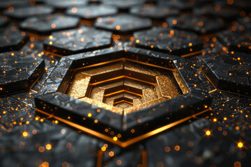 Fototapete - An abstract fractal pattern of gold and black hexagons expanding from a central point,