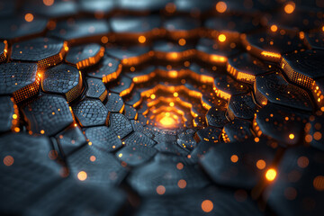 Aufkleber - An abstract fractal pattern of gold and black hexagons expanding from a central point,