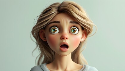 Wall Mural - Astonished Tree Cartoon Character and Young Girl in 3D Style Expressing Fear and Surprise on Light Background