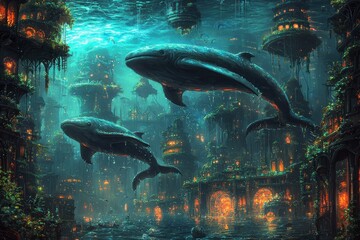 Fantastical underwater city with alien lifeforms and bioluminescent flora