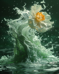 Aufkleber - A burst of green, white, and yellow paints splashing into a delicate daffodil shape against a dark canvas,