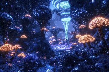Wall Mural - Fantastical underwater world filled with bioluminescent mushroom like creatures and a glowing central waterfall