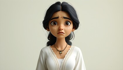 Wall Mural - Stressed Indian Woman Cartoon Character in White Dress, 3D Style, Conveying Emotional Distress and Anxiety Against a Light Background