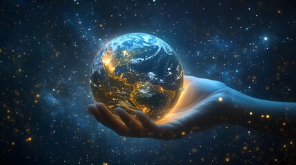 Wall Mural - hand cradling earth: a close-up of a gentle hand cradling a glowing earth, with stars sparkling in t