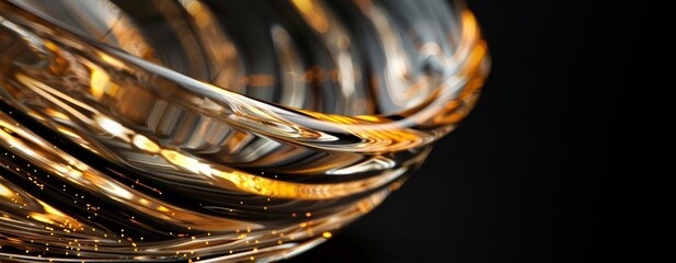 Wall Mural - Wave of golden shiny glass. Colorful motion of light materialized in acrylic, epoxy, resin forming beautiful curve with light refraction. Artistic, business, research background, black backdrop